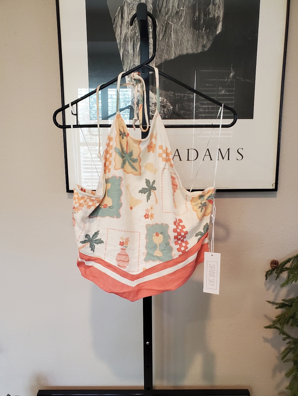 Sienna Sky Cream Tank with Coral and Seafoam Print